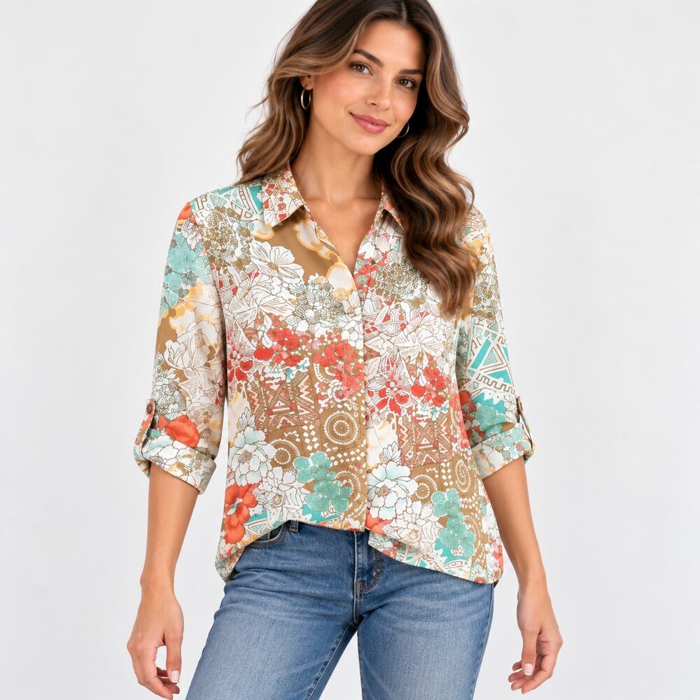 Chico's Button-Up Blouse Women's Size 2 (L) Multicolor Paisley Boho Office